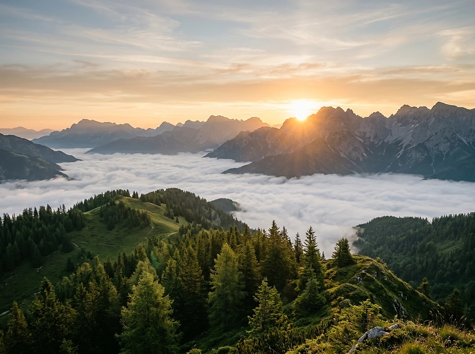 Atmospheric mountain peaks bathed in golden morning sunrise above soft clouds